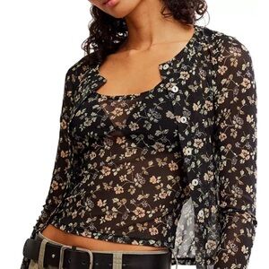 Free People Twosie For One Top Set 2pc Tank And Long Sleeve Button Front Sheer M